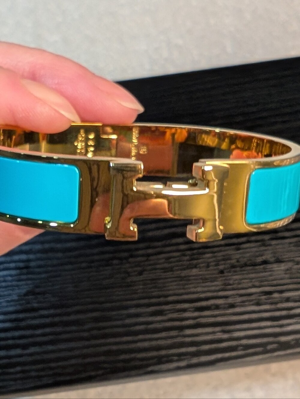 Gold-Tone And Teal Enamel H Bangle Bracelet
